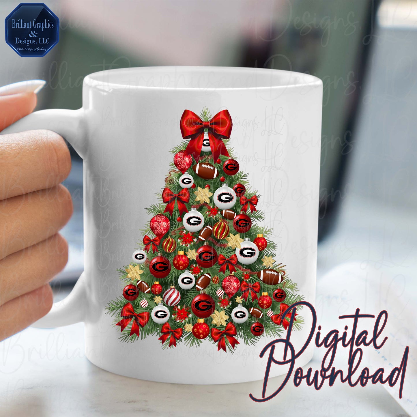 Georgia Bulldogs Christmas Tree Digital Art | Airbrushed Holiday Print | PNG. Sublimation. DTF.