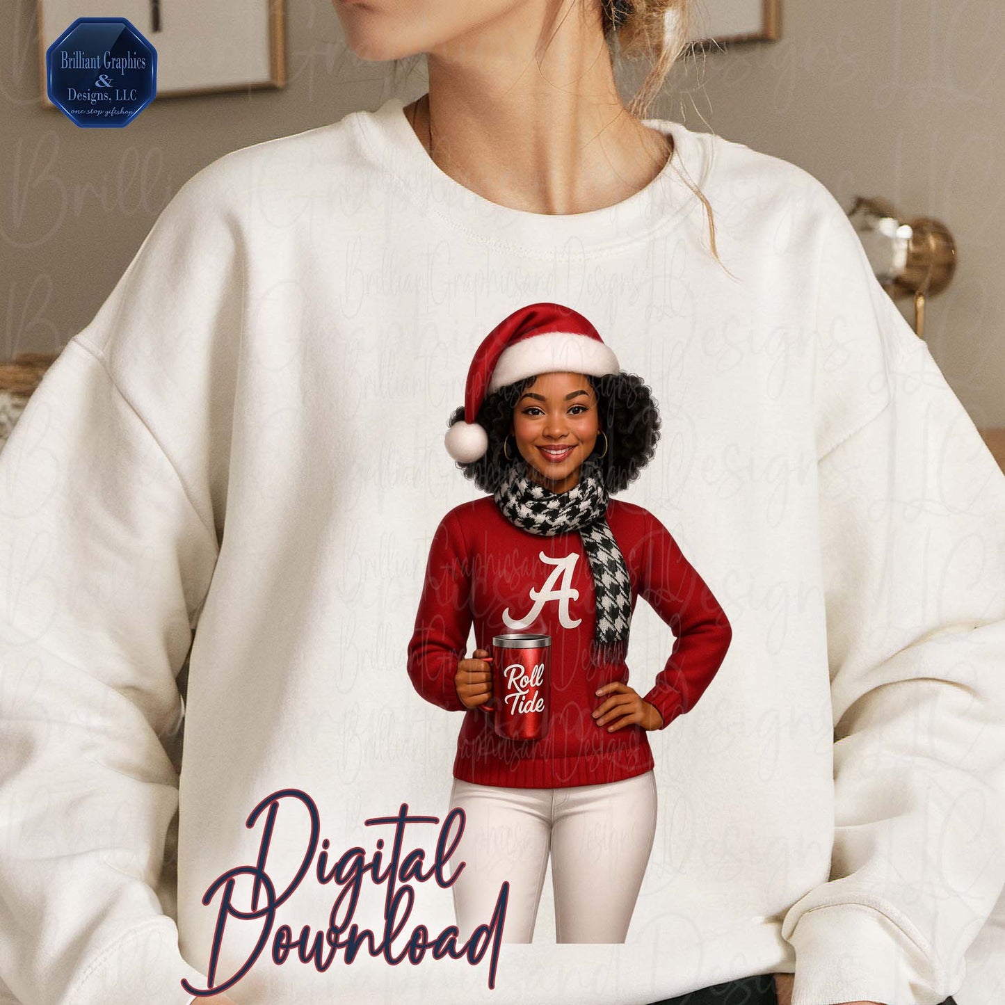 Black Girl Alabama Christmas Clipart | Crimson Tide | Holiday PNG | Digital Airbrushed Art