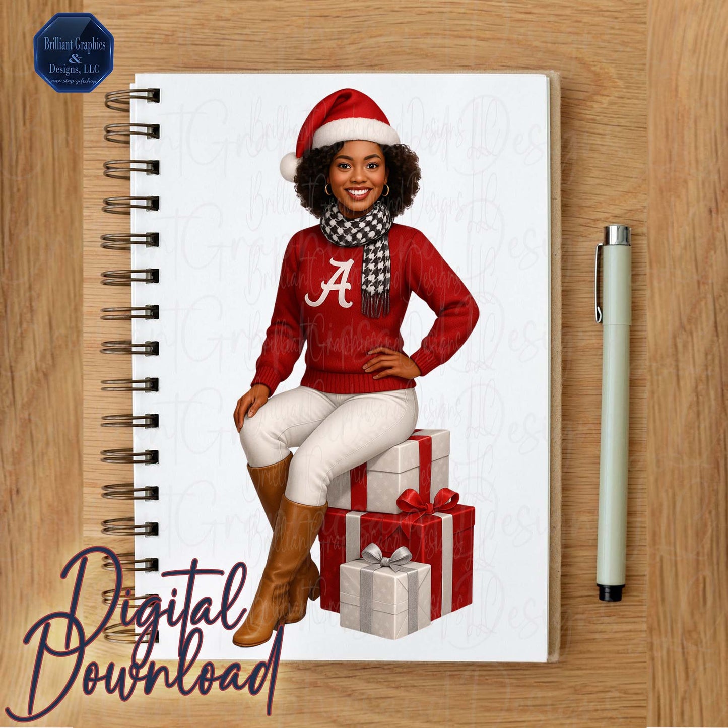 Black Girl Alabama Christmas Clipart | Crimson Tide Holiday PNG | Digital Airbrushed Art