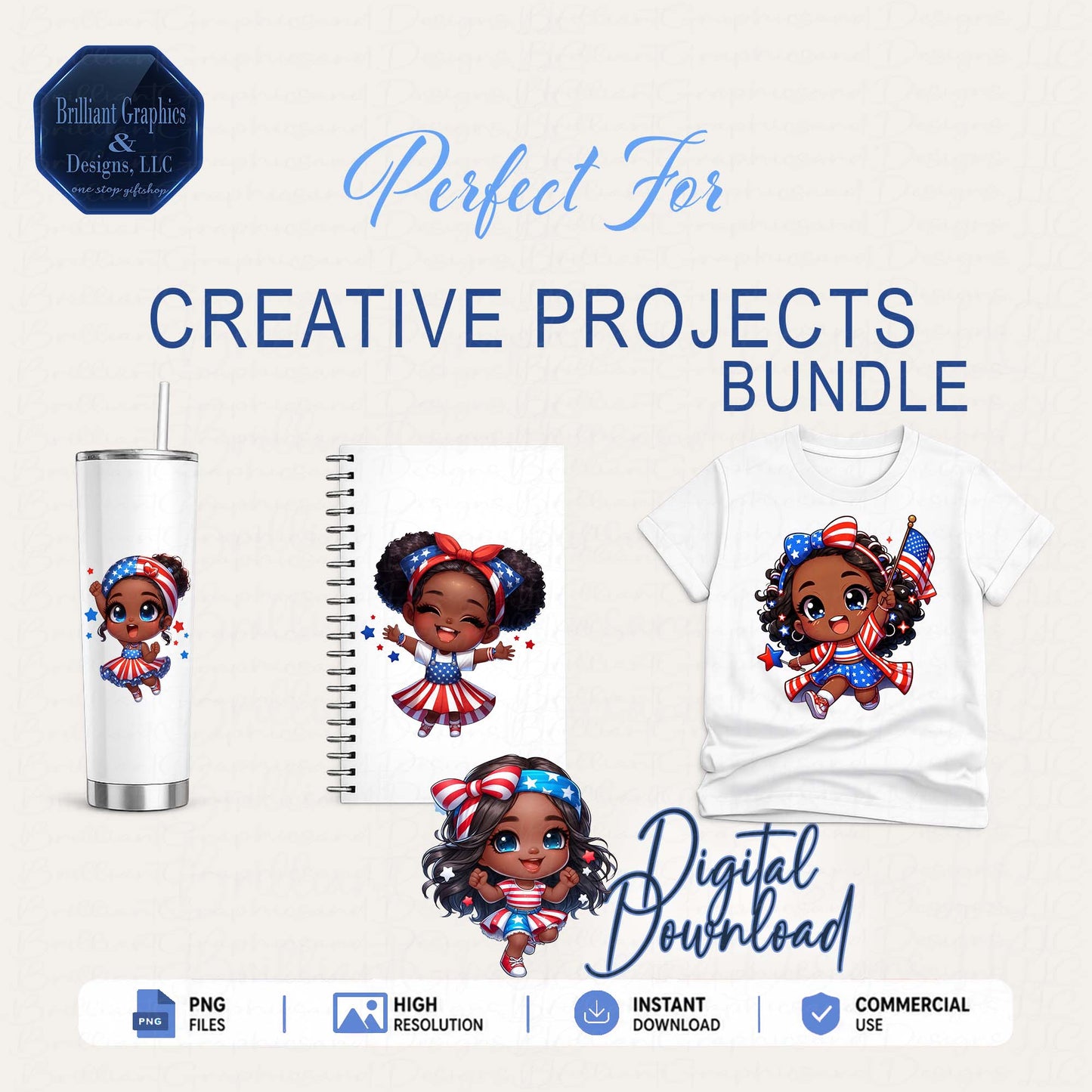 Cute Patriotic Black Girls. 4th of July PNGs, Chibi Style. Digital Download.