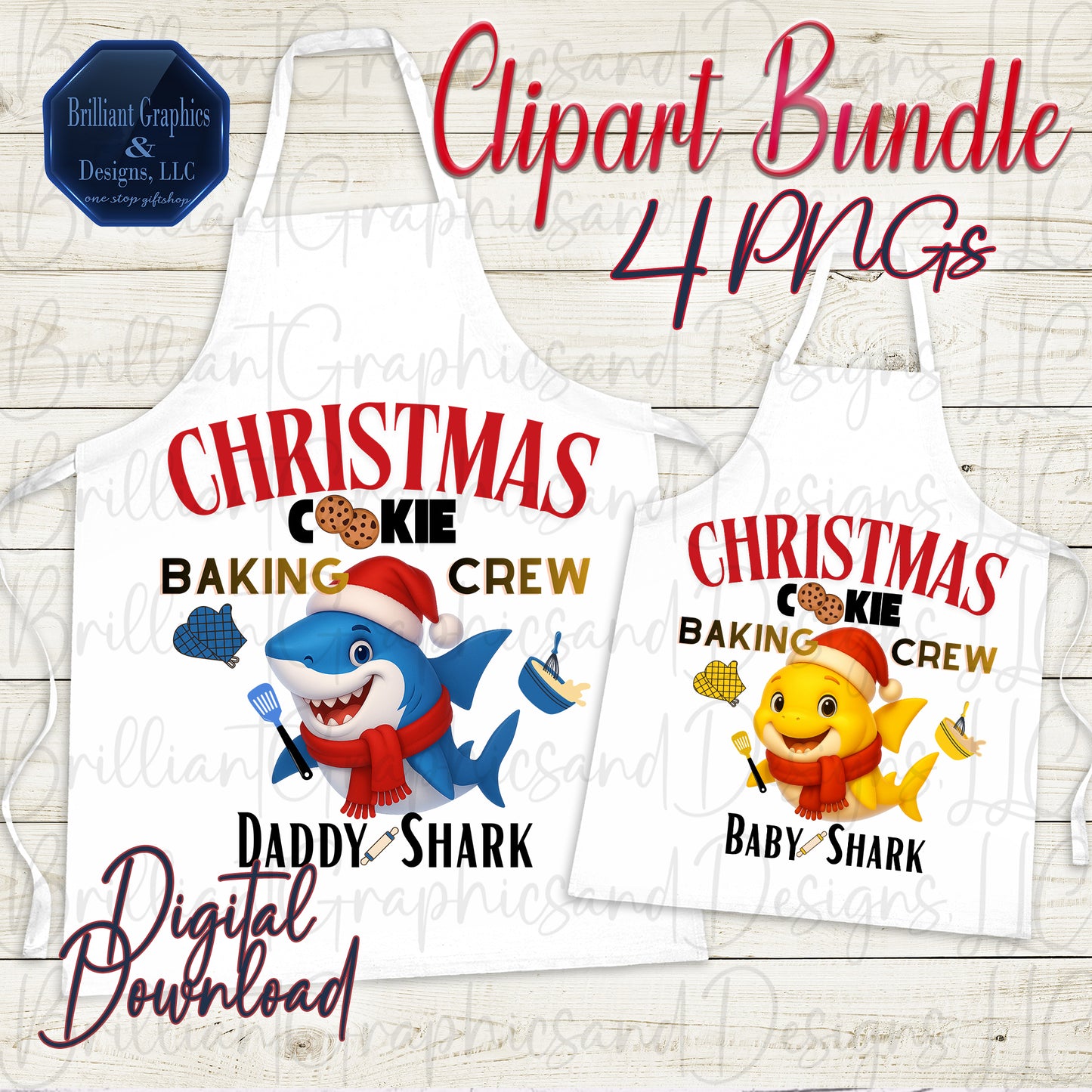 Christmas Cookie Baking Shark Family Clipart Bundle |Daddy, Mommy, Baby Boy & Baby Girl Sharks | Cute Holiday PNG Set