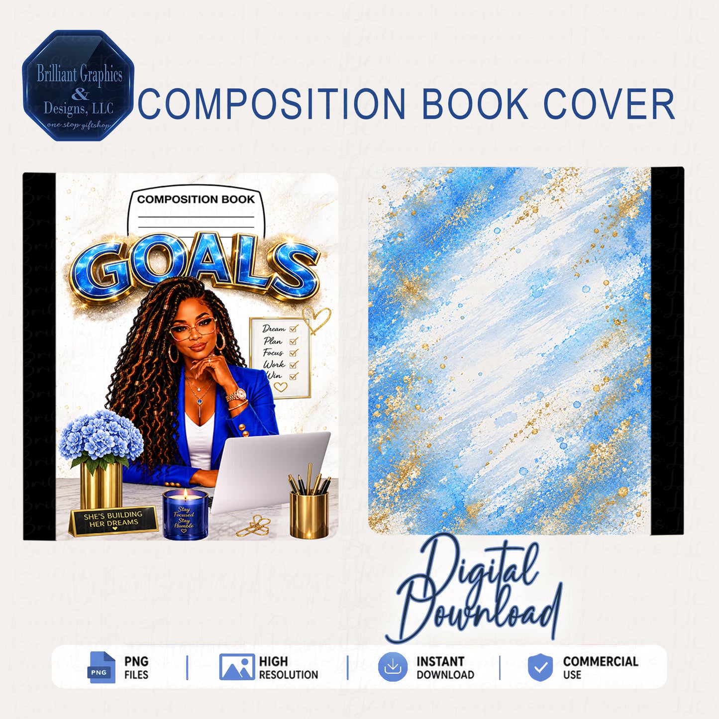 Goals Composition Notebook Cover - Blue and Gold | Digital Download