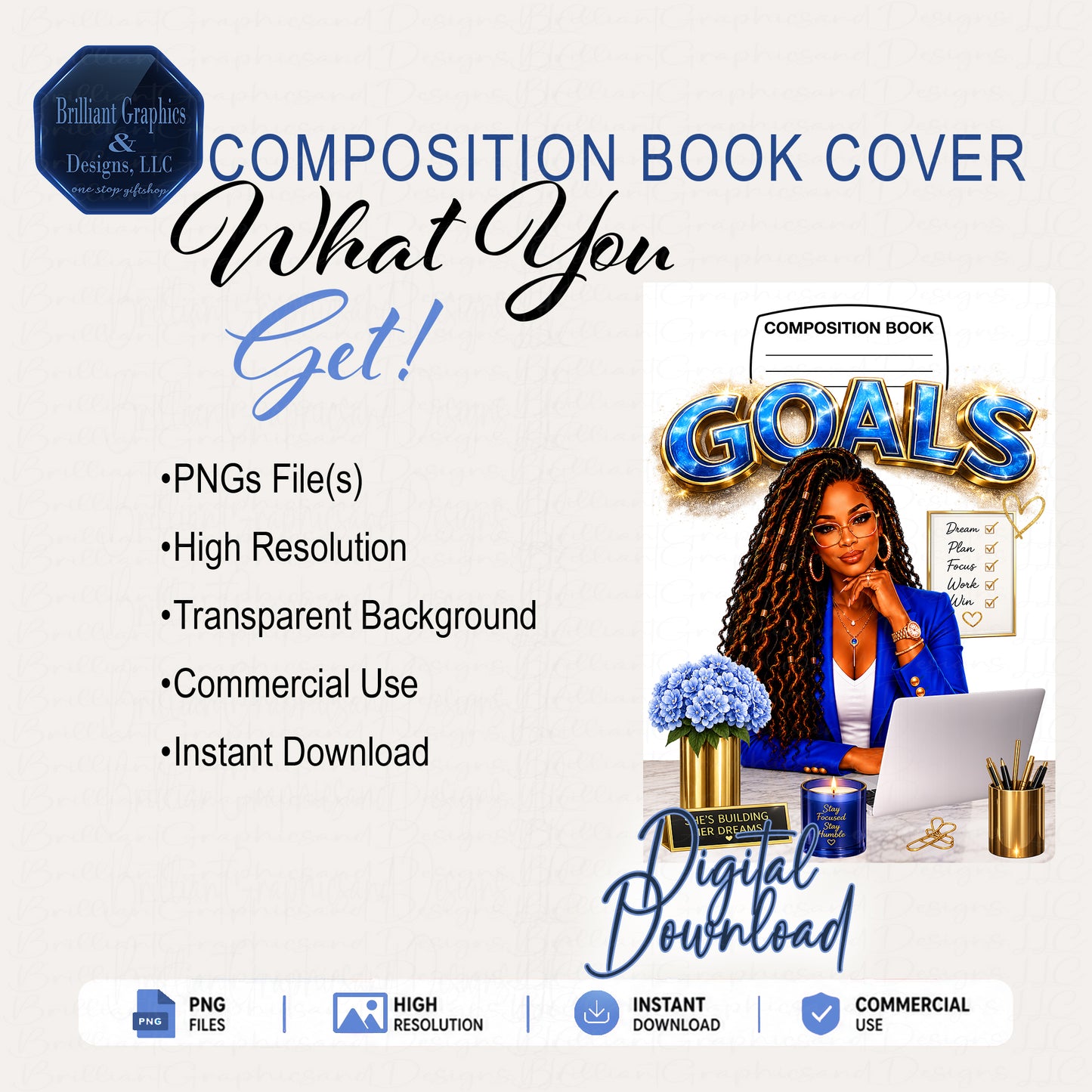 Goals Composition Notebook Cover - Blue and Gold | Digital Download