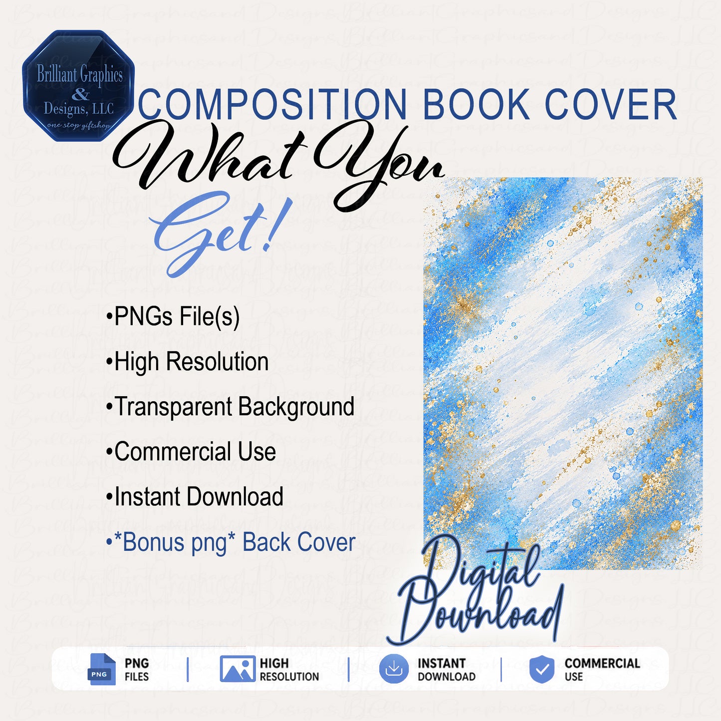 Goals Composition Notebook Cover - Blue and Gold | Digital Download