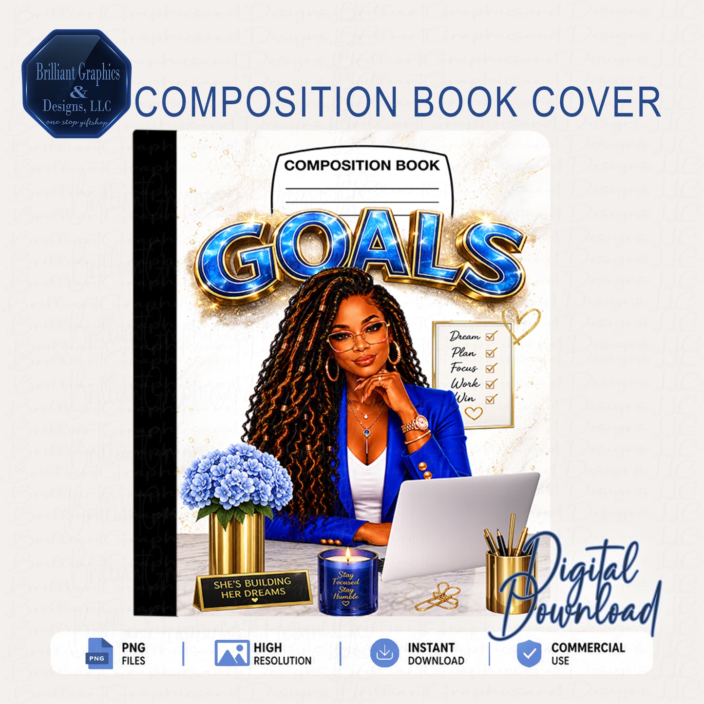 Goals Composition Notebook Cover - Blue and Gold | Digital Download