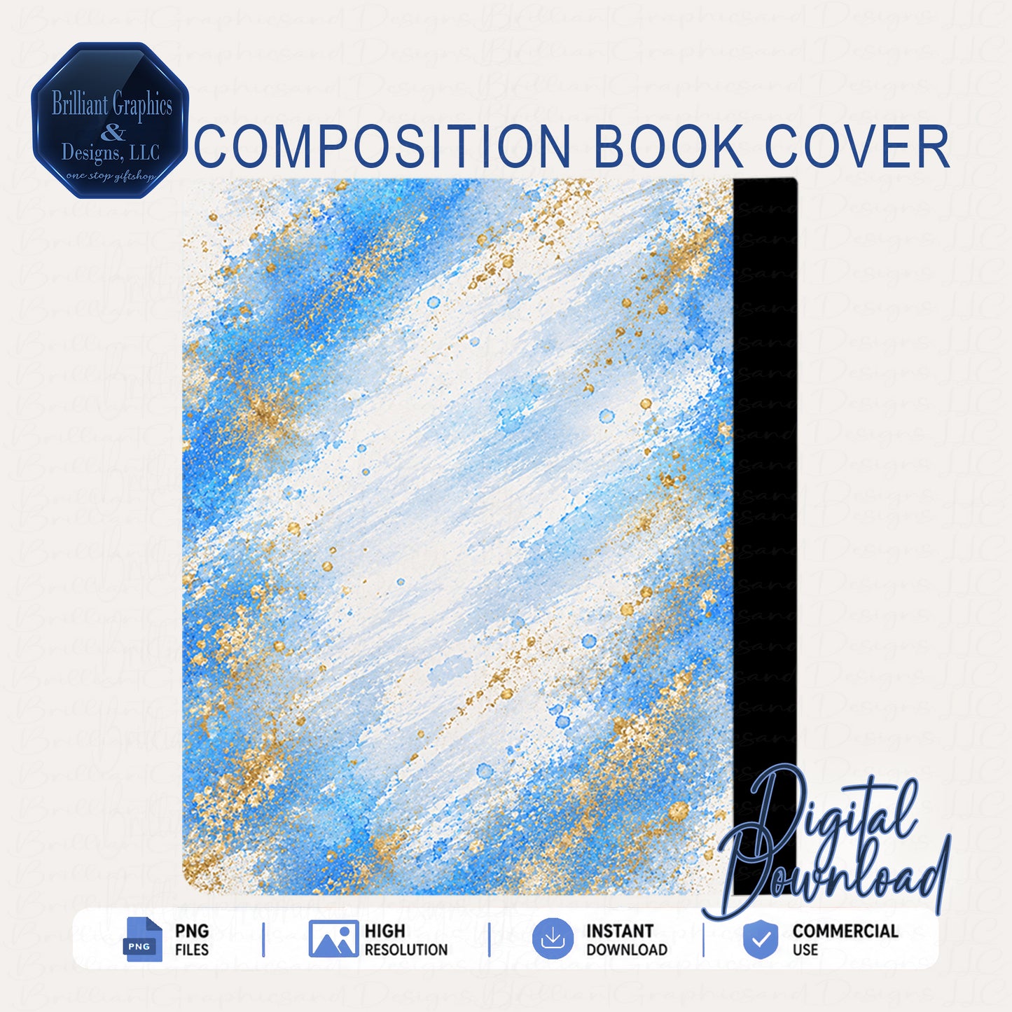 Goals Composition Notebook Cover - Blue and Gold | Digital Download