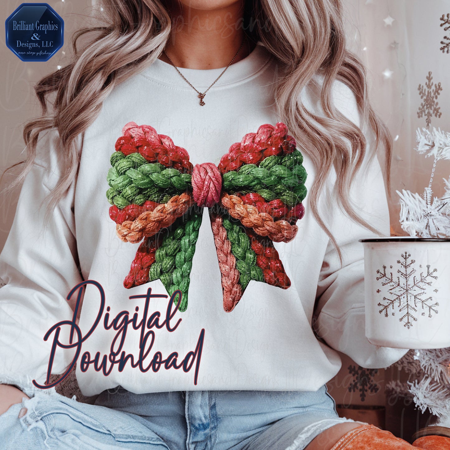 Latch-Hook Crochet Coquette Bow Clipart | Colorful Christmas Digital Art | Faux Yarn PNG