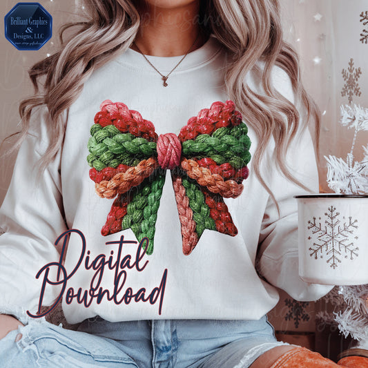 Latch-Hook Crochet Coquette Bow Clipart | Colorful Christmas Digital Art | Faux Yarn PNG