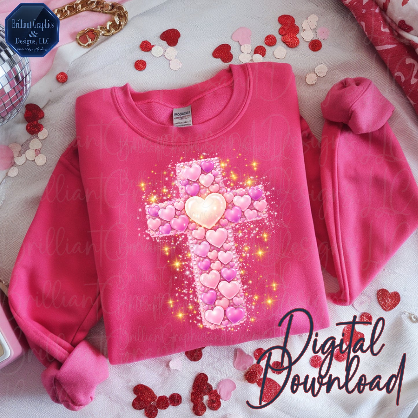 Faith Valentine PNG | God Is Love Digital Download | Pink Heart Cross Religious Art