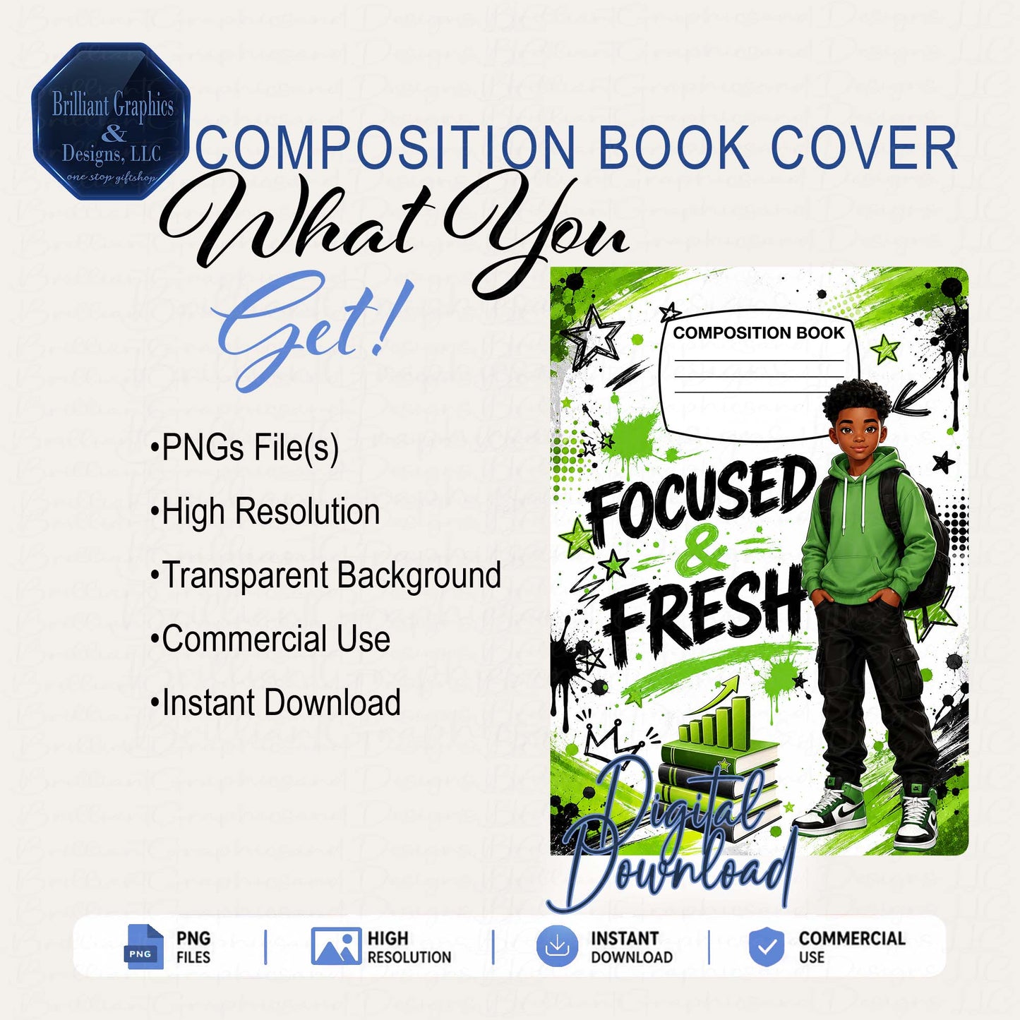 Composition Notebook Cover – Focused and Fresh | Digital Download