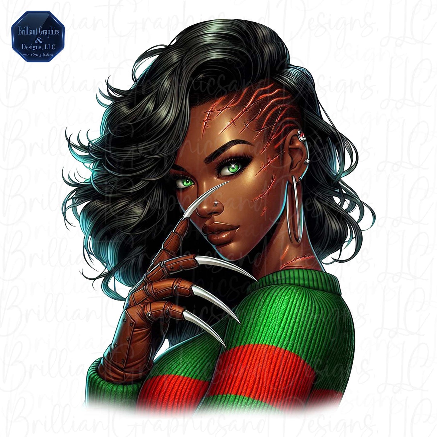 African American Woman. Horror Movie. Scary. PNG. Black Girl Halloween Clip Art. DTF. Sublimation.