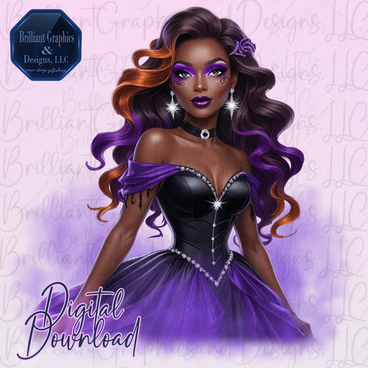 Glamorous Halloween Queen| African American Woman Digital Art PNG | Sublimation