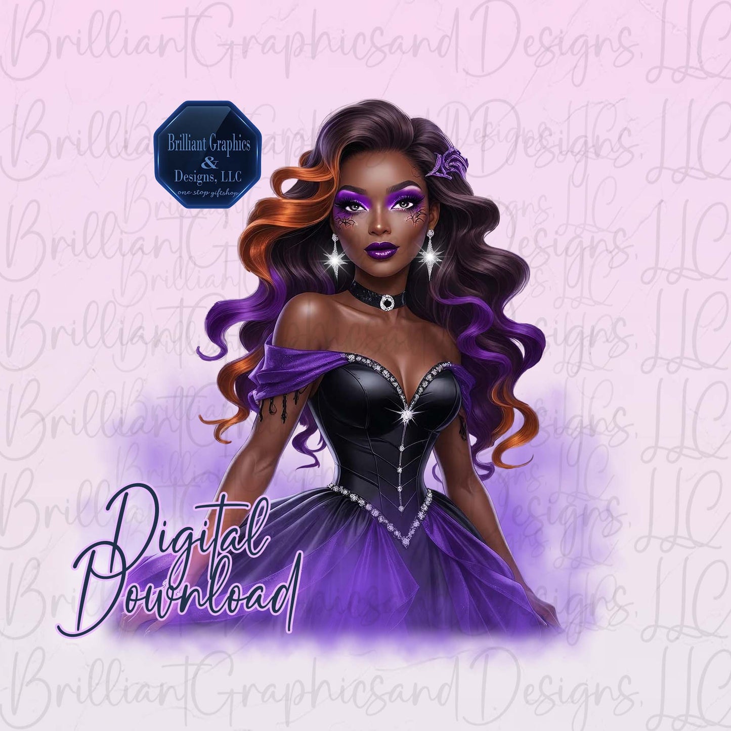 Glamorous Halloween Queen| African American Woman Digital Art PNG | Sublimation