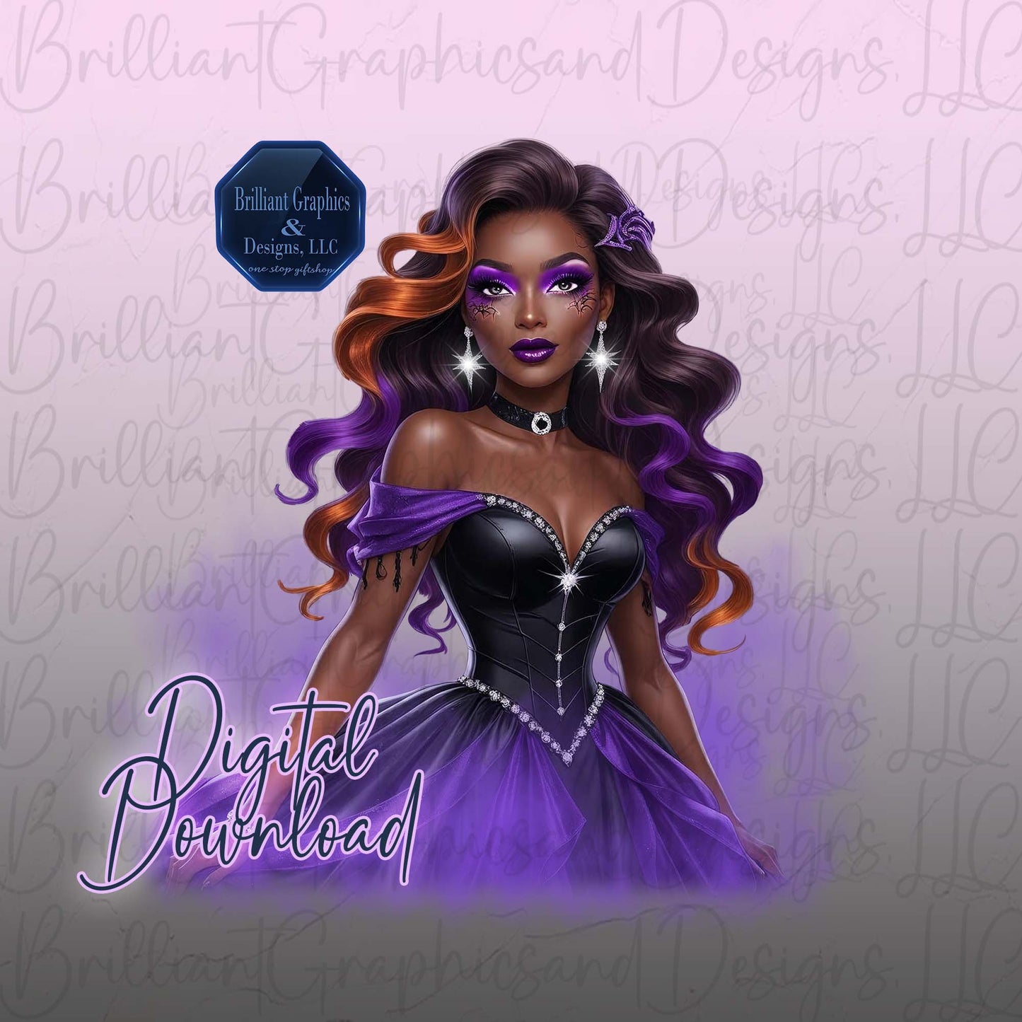 Glamorous Halloween Queen| African American Woman Digital Art PNG | Sublimation