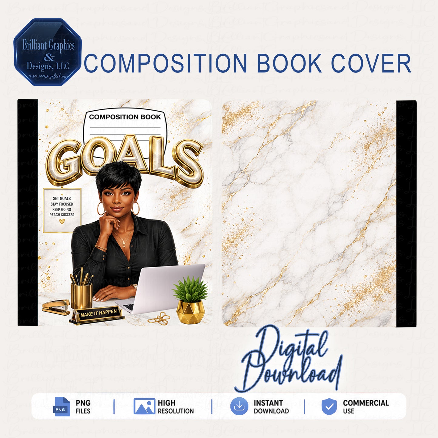 Goals Composition Notebook Cover - Black and Gold | Digital Download