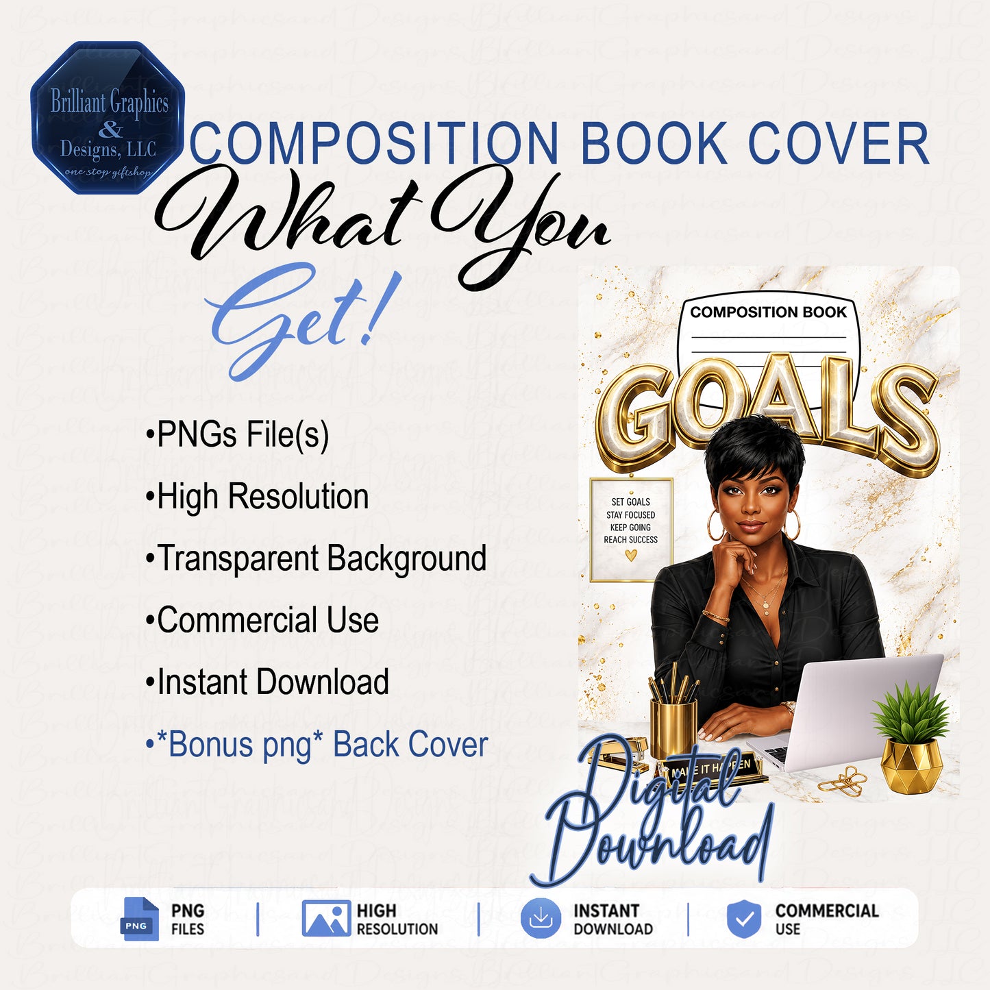 Goals Composition Notebook Cover - Black and Gold | Digital Download