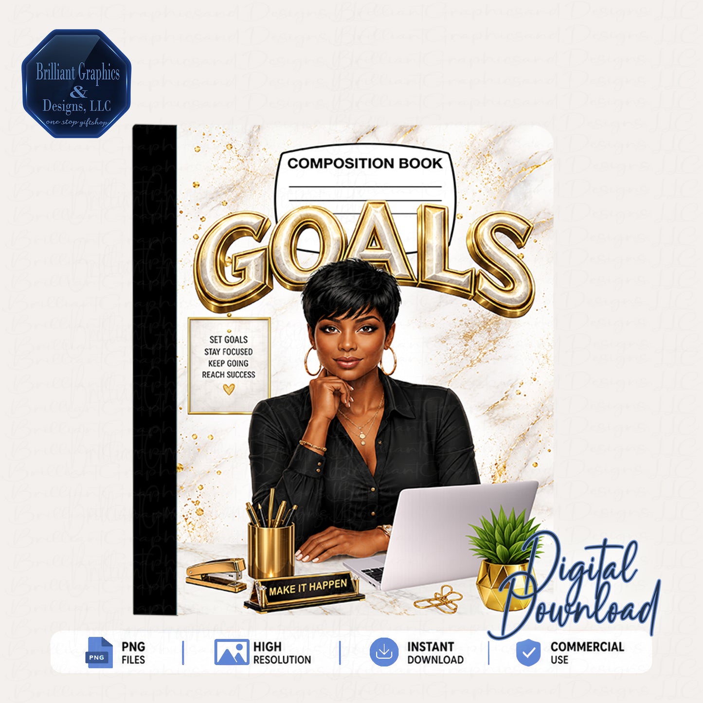 Goals Composition Notebook Cover - Black and Gold | Digital Download