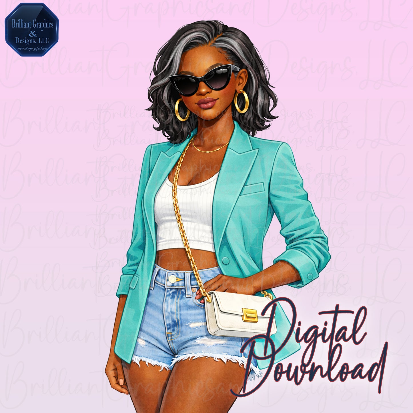 African American Clipart Set. Stylish Mature Woman.  2 PNG Files. Digital Download.