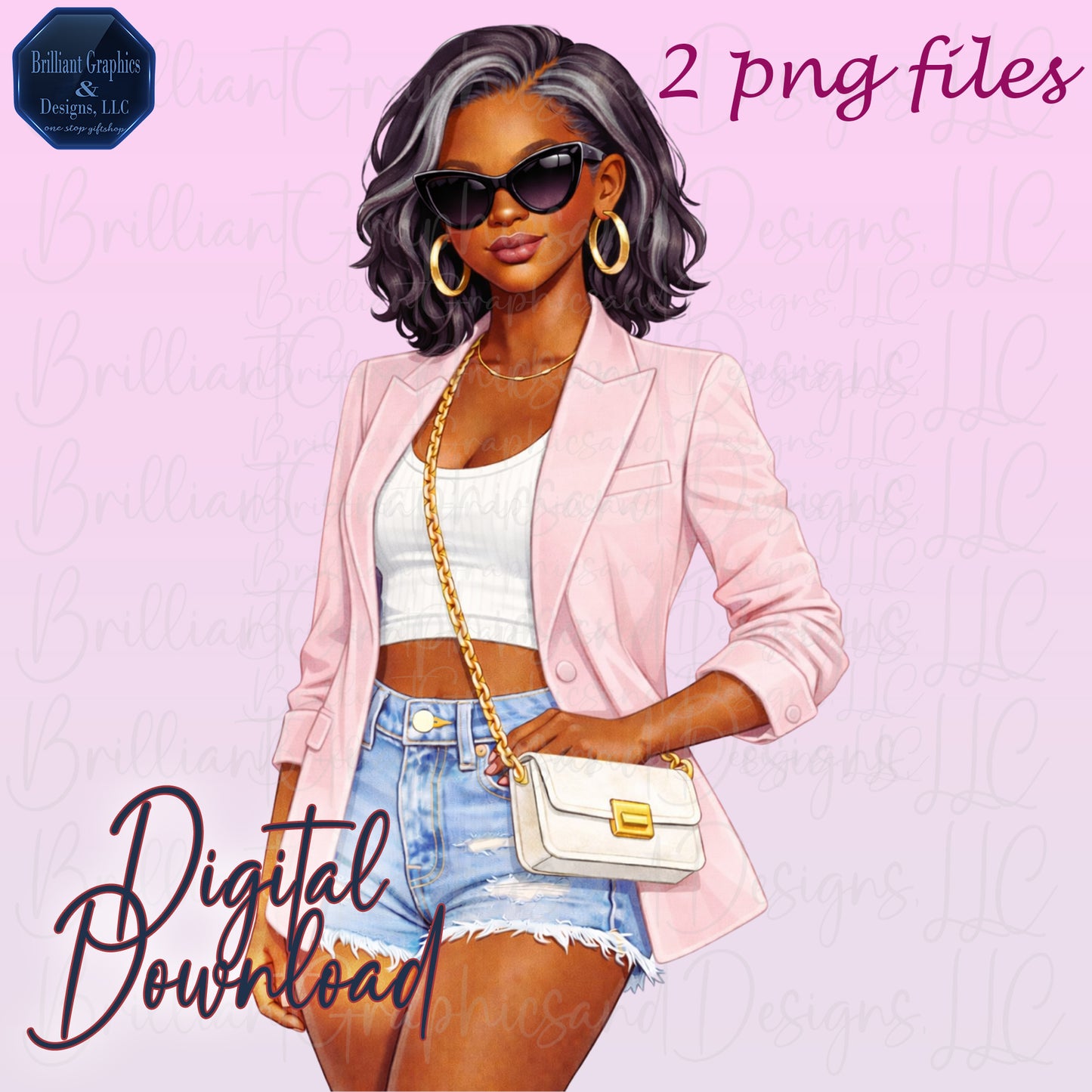 African American Clipart Set. Stylish Mature Woman.  2 PNG Files. Digital Download.