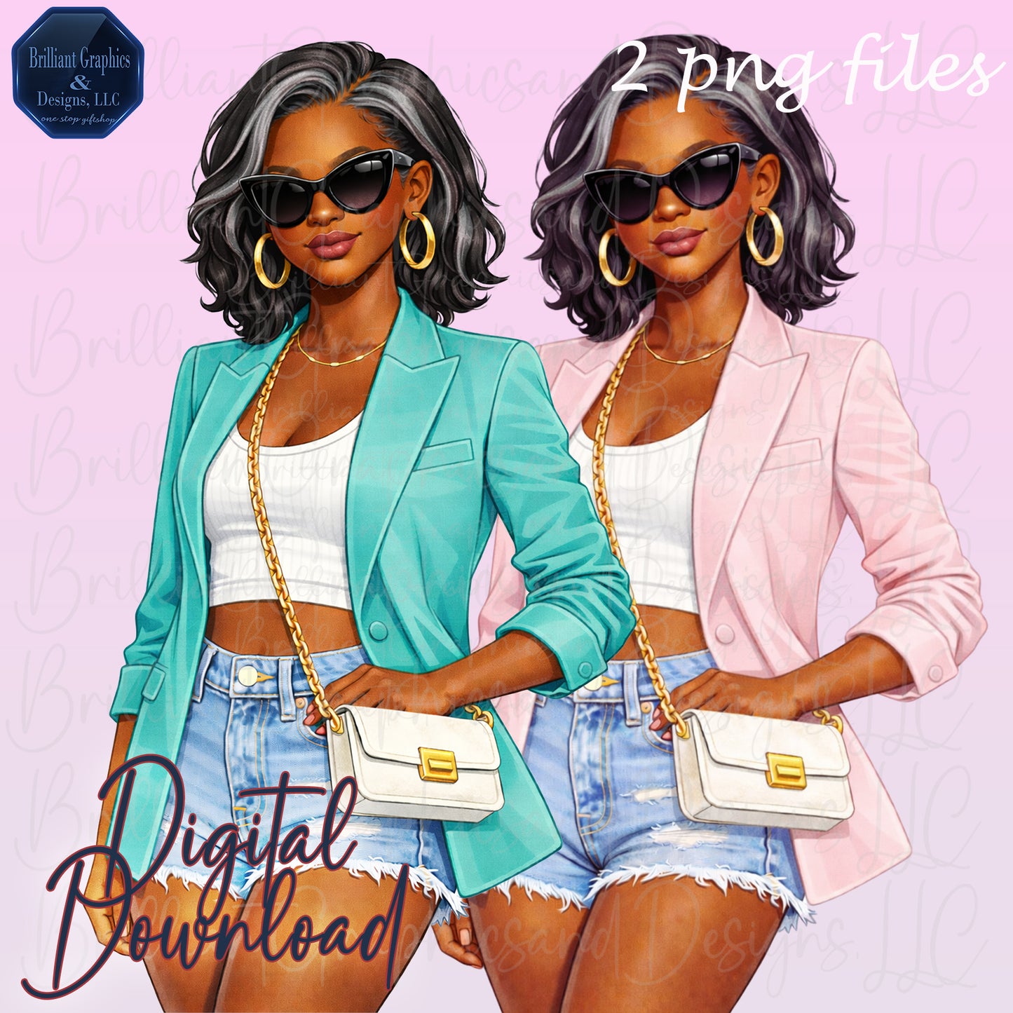 African American Clipart Set. Stylish Mature Woman.  2 PNG Files. Digital Download.