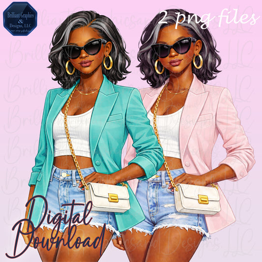 African American Clipart Set. Stylish Mature Woman.  2 PNG Files. Digital Download.
