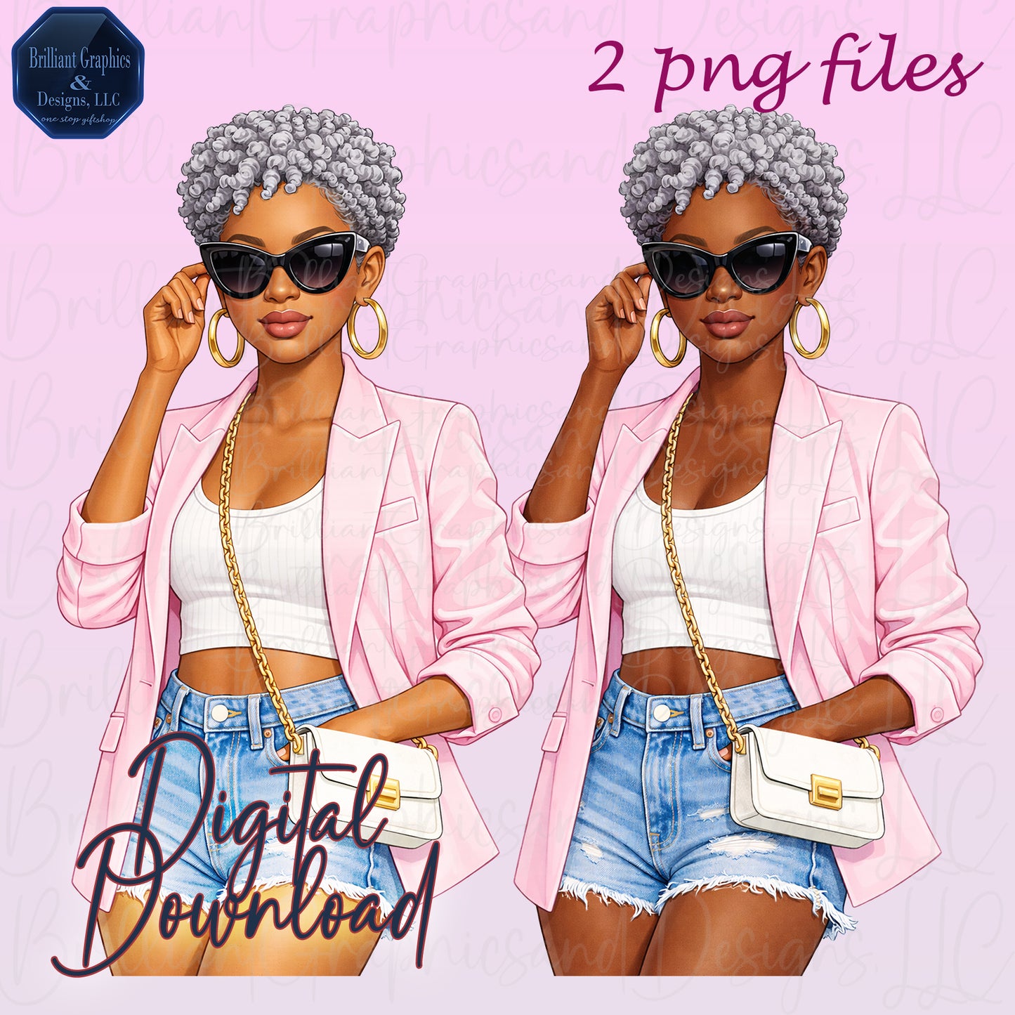 Stylish Woman of Mature Age. African American Clipart Set. 2 PNG Files. Digital Download.