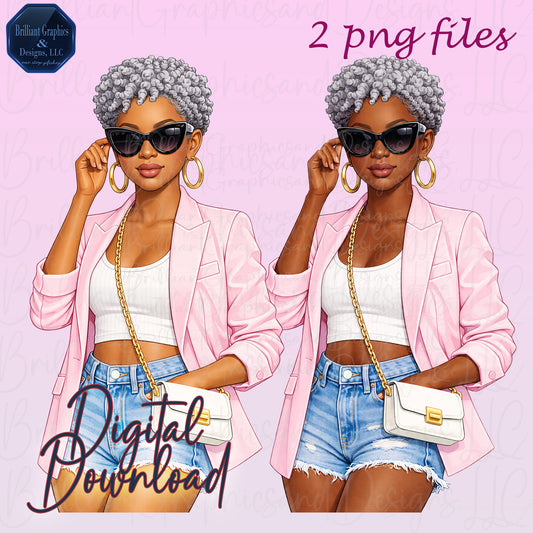 Stylish Woman of Mature Age. African American Clipart Set. 2 PNG Files. Digital Download.