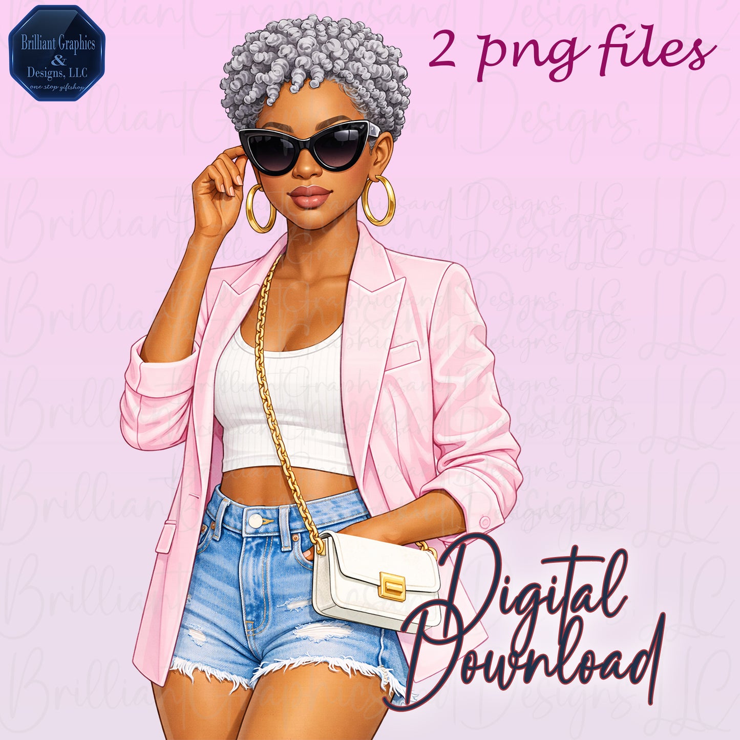 Stylish Woman of Mature Age. African American Clipart Set. 2 PNG Files. Digital Download.