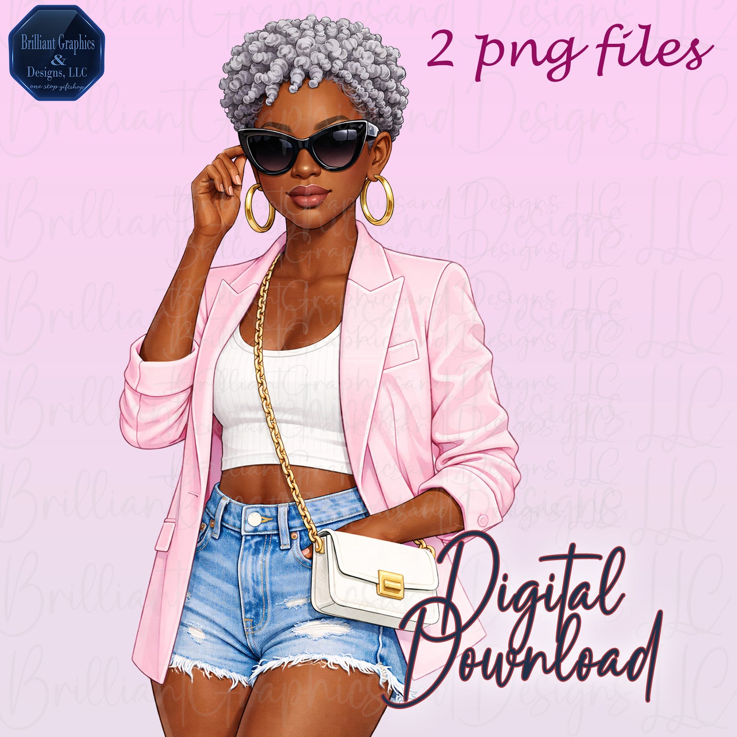 Stylish Woman of Mature Age. African American Clipart Set. 2 PNG Files. Digital Download.