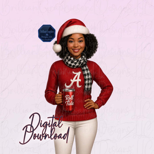Black Girl Alabama Christmas Clipart | Crimson Tide | Holiday PNG | Digital Airbrushed Art