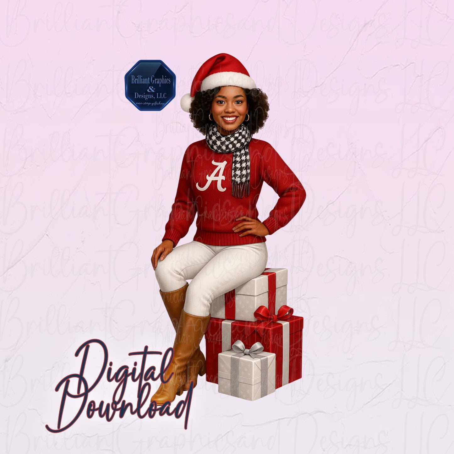 Black Girl Alabama Christmas Clipart | Crimson Tide Holiday PNG | Digital Airbrushed Art