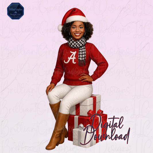 Black Girl Alabama Christmas Clipart | Crimson Tide Holiday PNG | Digital Airbrushed Art