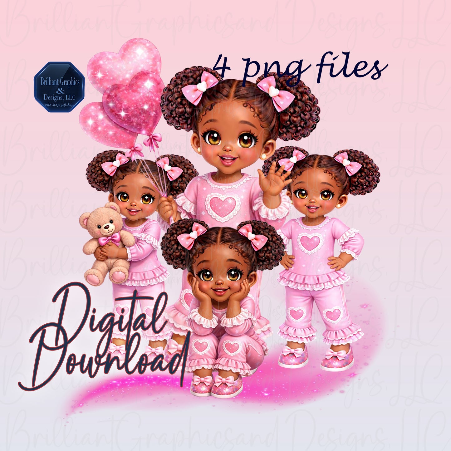 Adorable Pink Girl Clipart Bundle | Cute Black Girl PNG Set | Valentine | Birthday