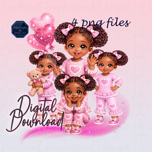 Adorable Pink Girl Clipart Bundle | Cute Black Girl PNG Set | Valentine | Birthday