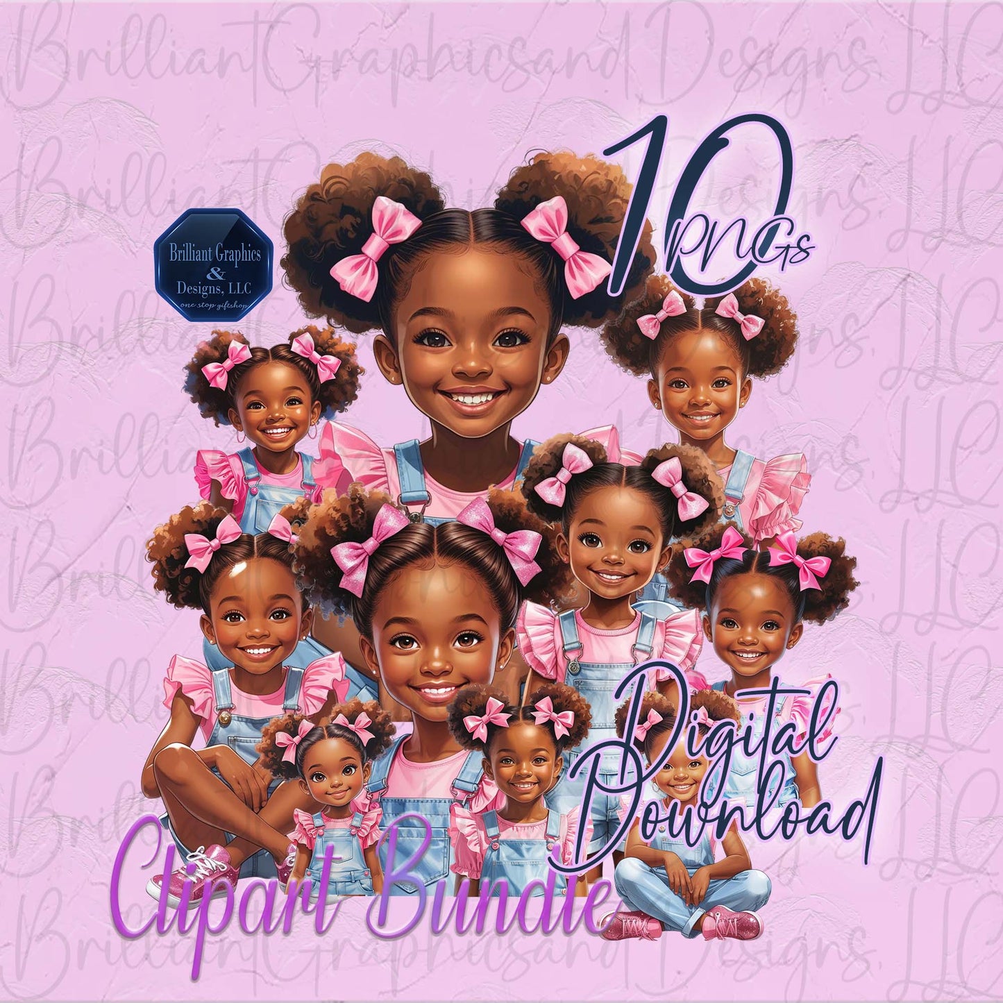 Black Girl ClipArt Bundle. Cute Pretty in Pink. Valentine. Birthday. 10 PNG Files