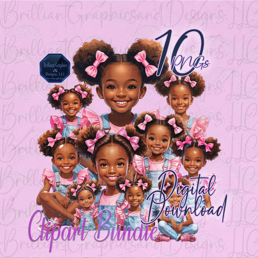 Black Girl ClipArt Bundle. Cute Pretty in Pink. Valentine. Birthday. 10 PNG Files