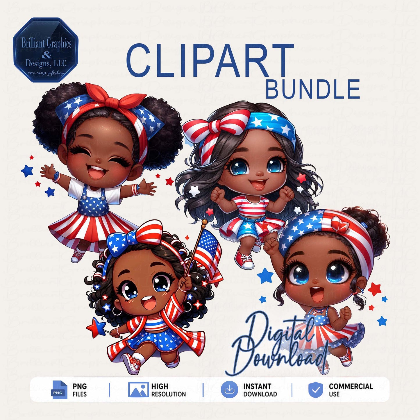 Cute Patriotic Black Girls. 4th of July PNGs, Chibi Style. Digital Download.