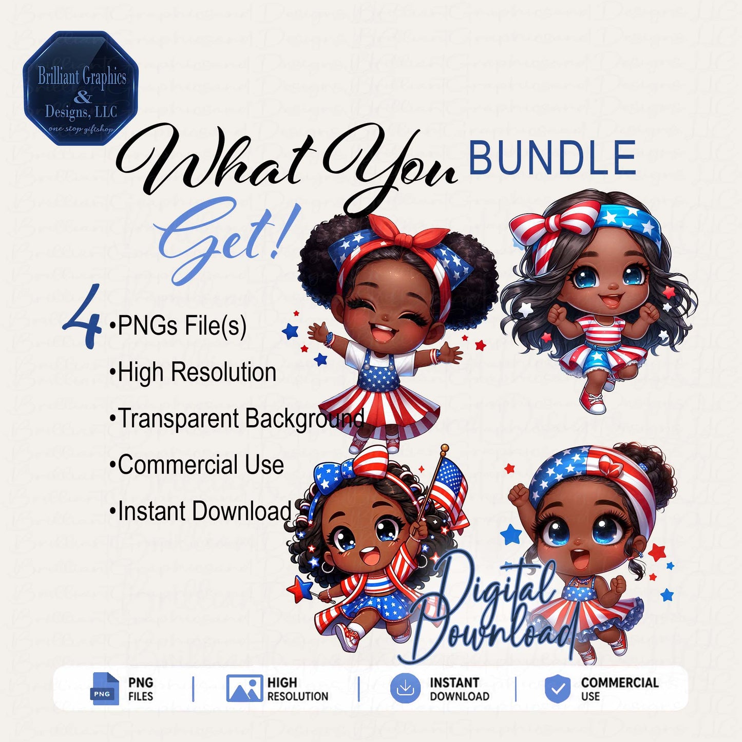 Cute Patriotic Black Girls. 4th of July PNGs, Chibi Style. Digital Download.