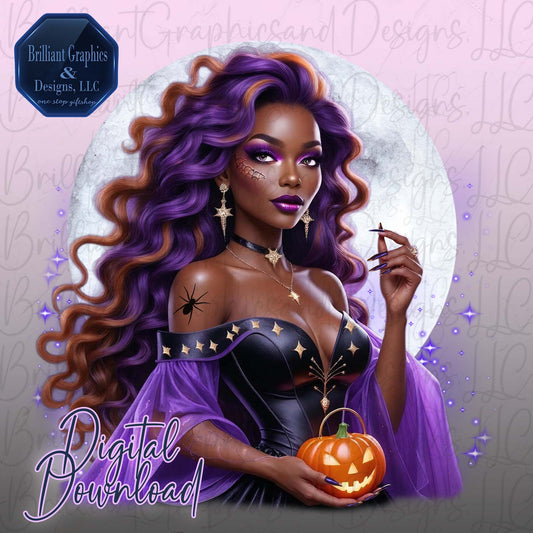Moonlit Beauty: African American Woman in Purple Halloween Dress | Digital Illustration PNG | Halloween Black Woman