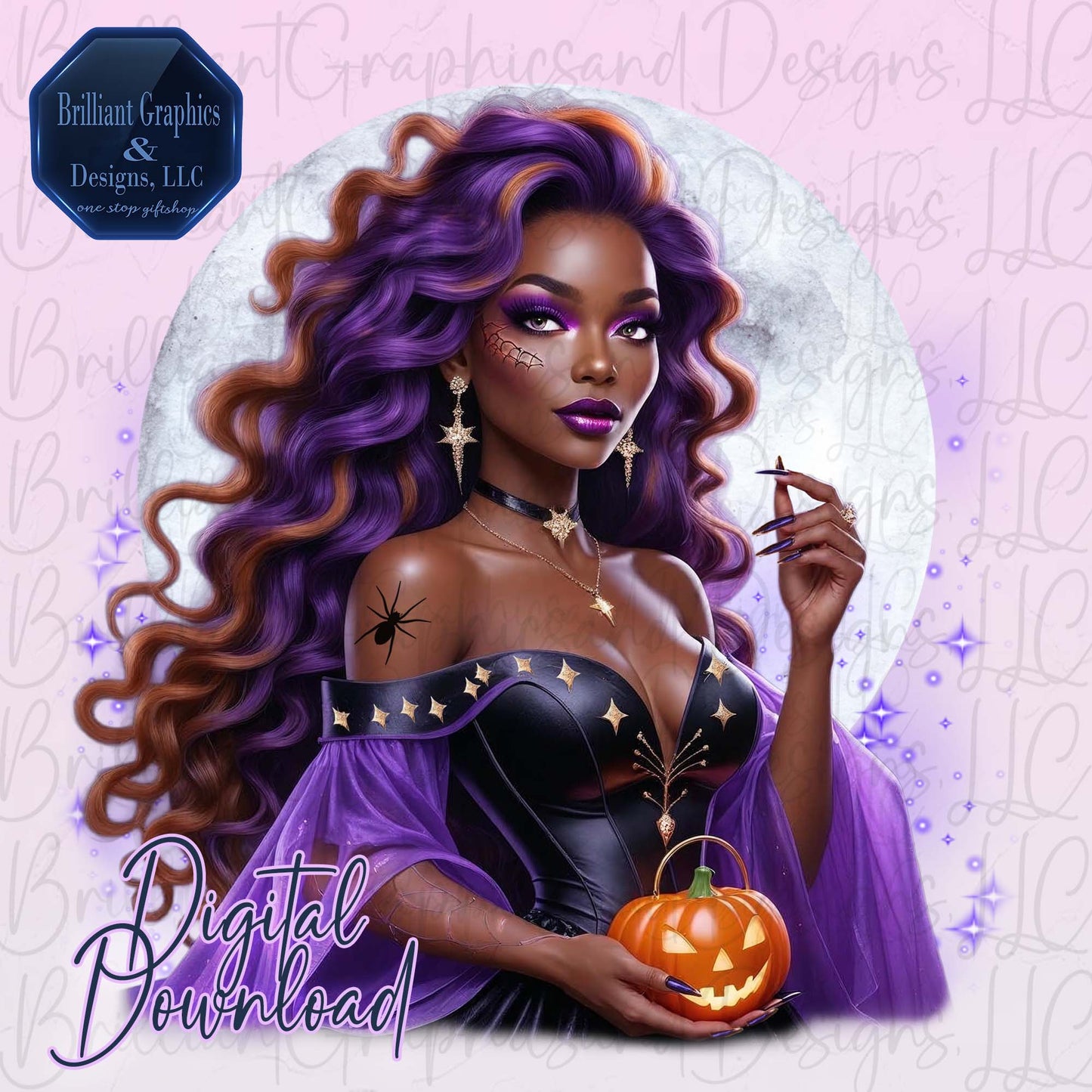 Moonlit Beauty: African American Woman in Purple Halloween Dress | Digital Illustration PNG | Halloween Black Woman