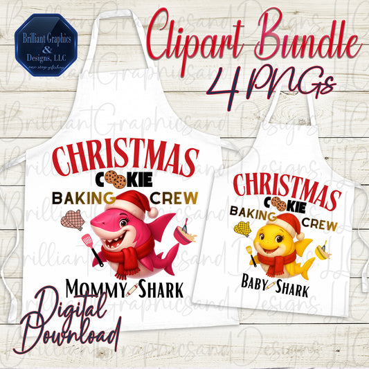 Christmas Cookie Baking Shark Family Clipart Bundle |Daddy, Mommy, Baby Boy & Baby Girl Sharks | Cute Holiday PNG Set