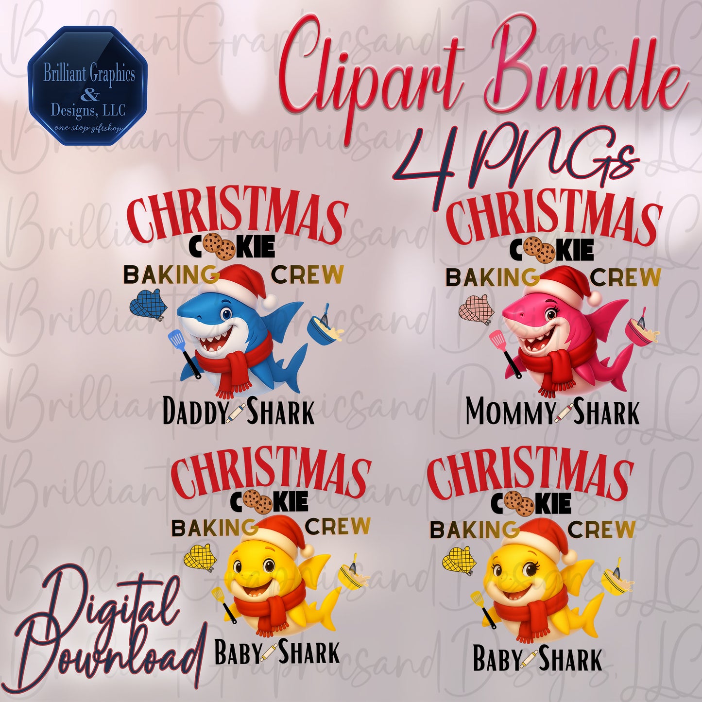 Christmas Cookie Baking Shark Family Clipart Bundle |Daddy, Mommy, Baby Boy & Baby Girl Sharks | Cute Holiday PNG Set