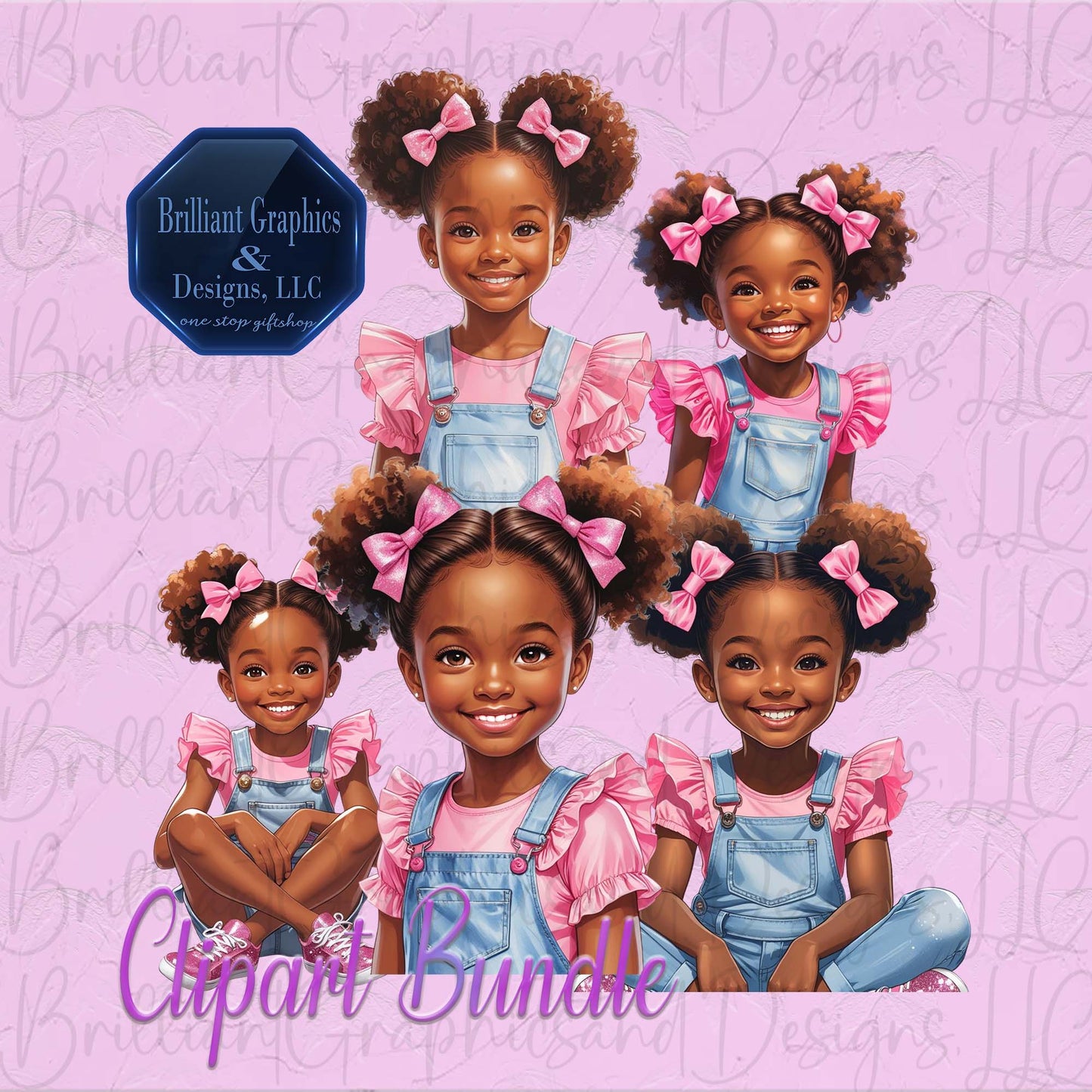 Black Girl ClipArt Bundle. Cute Pretty in Pink. Valentine. Birthday. 10 PNG Files